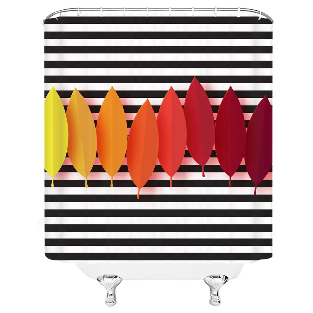

Autumn Shower Curtain Colorful Leaves in a Row on Black and White Horizontal Stripe Polyester Fabric Bathroom Shower Curtain Set
