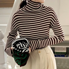 

Korean Style Loose Sweater Women Pullover Casual Stripe Turtleneck Long Sleeve Knit Sweater Female Jumpers solid basic sweater