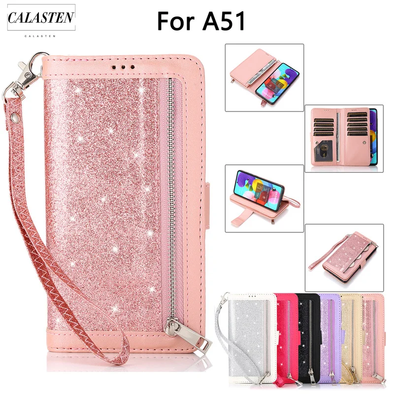 Zipper Case For Samsung A12 A42 A52 AA51 A71 A21 A41 A10 A70 A50 A30 A20 A7 A8 A6 Plus 2018 Bling Leather Flip Card Holder Cover