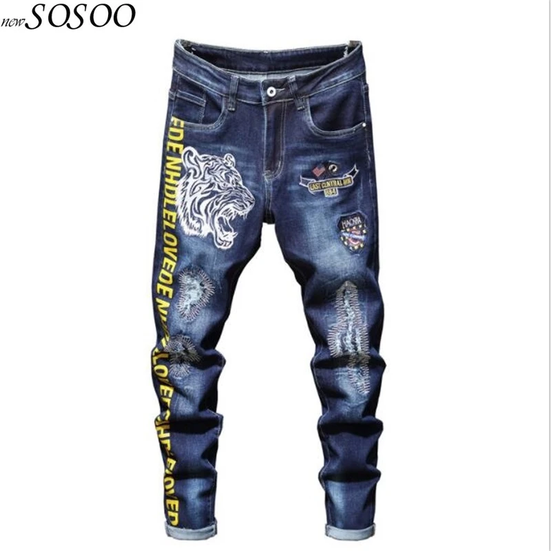 Новые мужские джинсы из хлопка, классические джинсы с вышивкой тигра, брюки, Классные модные мужские джинсы наивысшего качества,#2031