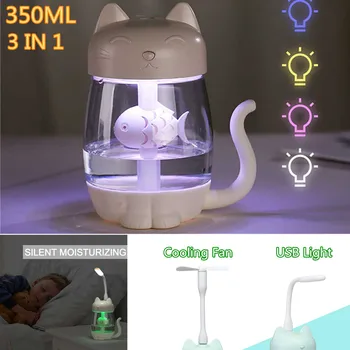 

3 in 1 Air Humidifier Cat USB LED Light Fan 350ML Ultrasonic Cool Mist Mini Humidifier Mini USB Fan Home office Car Air Freshen
