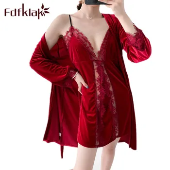 

Fdfklak Velvet Set Sleepwear Lace Robe Sexy Night Set Summer New 2 Pieces Night Ware Black/Wine Red Nightwear