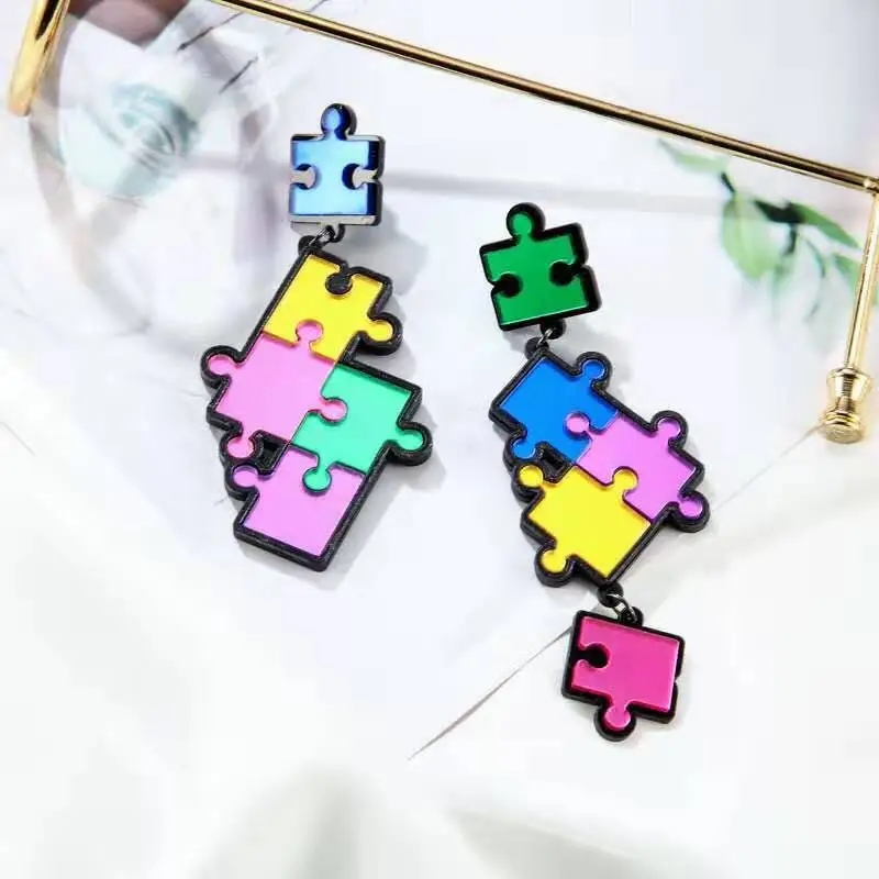 Lovely Acrylic Puzzle Drop Earrings for Women Girl Colorful Irregular Funny Cartoon Puzzles Long Earring Fashion Jewelry Brincos 3