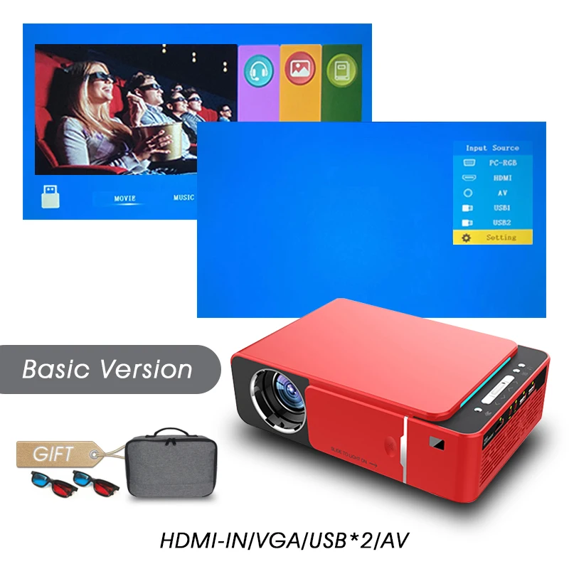 Basic Version-Red Real tv T6 Full HD Led проектор 4K 3500 люмен 1080p Портативный кинопроектор видеопроектор HDMI USB VGA SD с подарком - Цвет: Basic Version-Red