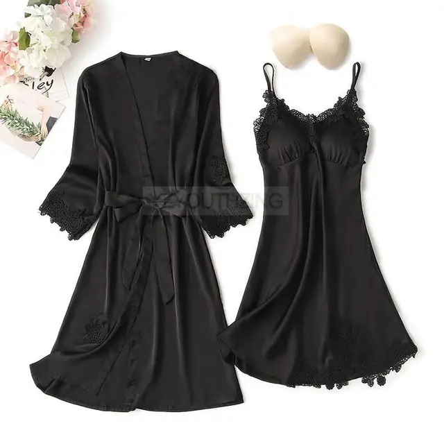 Pajama Set Women Lace Trim Satin Sleepwear Pyjamas Pour Femme Summer Nightwear With Pants Casual Home Wear Kimono Robe Gown PJS Black C