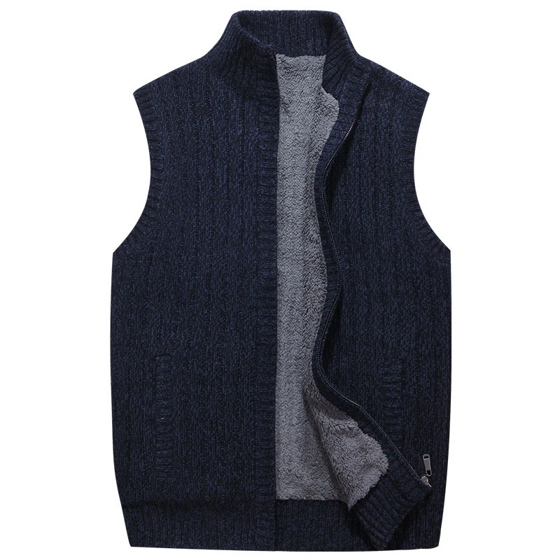 Dark Blue Mu Yuan Yang Winter Mens Vests Thicken Warm Zipper Sleeveless Knitwear Clothing Men's Sleeveless Zip Warm Coat - Цвет: Dark Blue