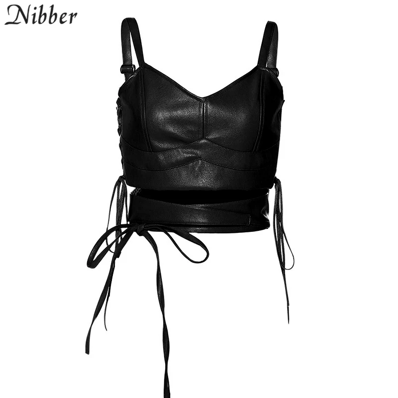 Черный Nibber Модные топы в стиле панк из искусственной кожи, женские топы, черные сексуальные майки без рукавов, весенние уличные повседневные футболки - Цвет: Черный