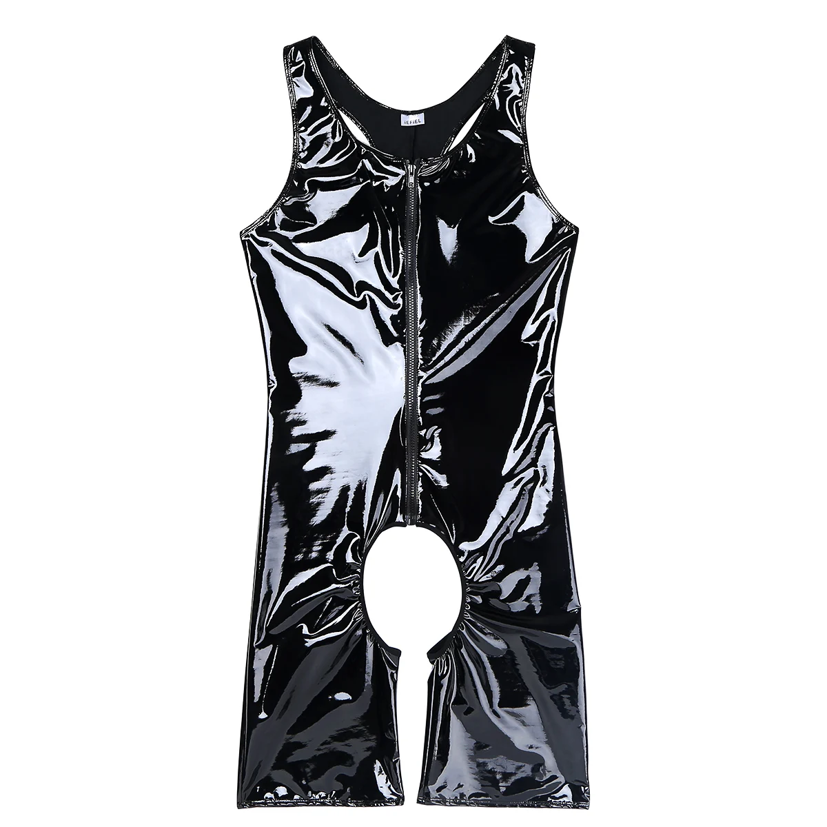 Mens Front Zipper Crotchless Singlet Boxer Bodysuit Patent Leather One-piece Sleeveless Leotard Open Legs Bodysuit Underwear