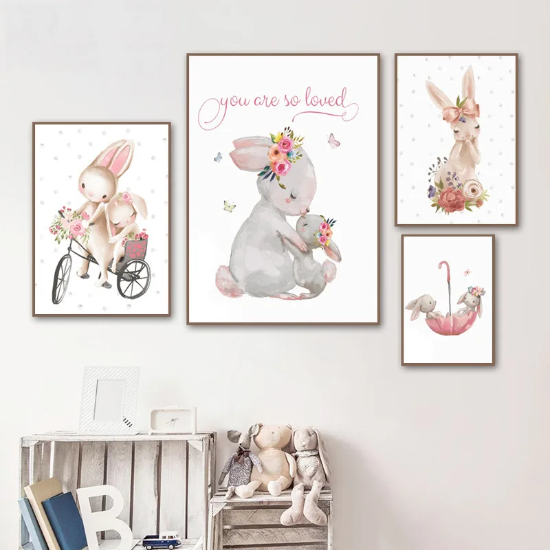 Скандинавский мультяшный Кролик для езды на велосипеде украшение холст картина