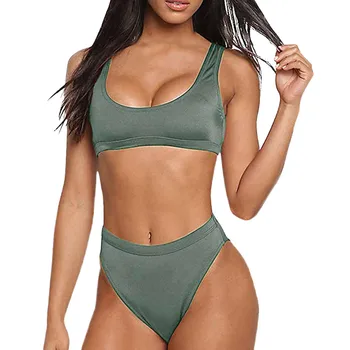 

2020 Casual Ladies Thin Lingerie Women Bathing Suits Sexy Retro Solid Army Green Black White High Waist Biquini maillot de bain