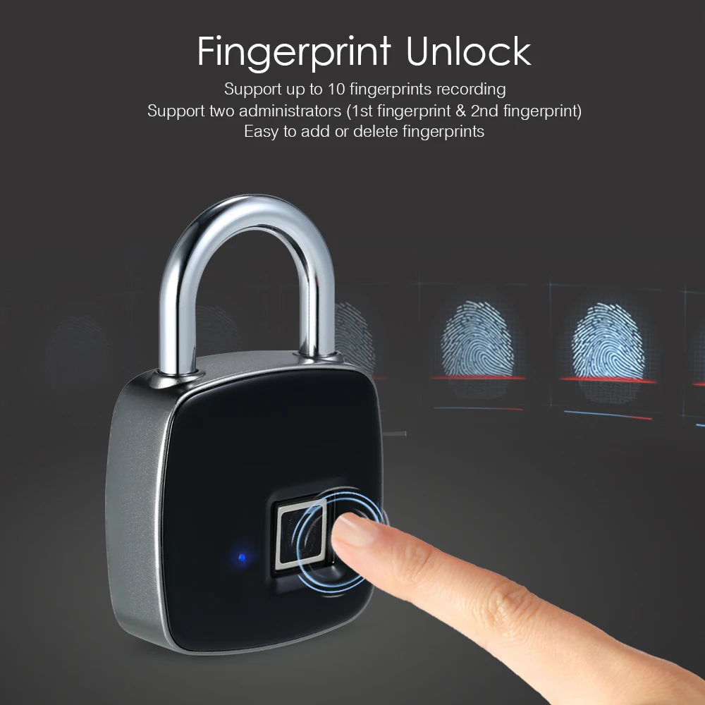 

USB Rechargeable Smart Keyless Fingerprint Lock IP65 Waterproof Anti-Theft Security Padlock Door Luggage Case Lock