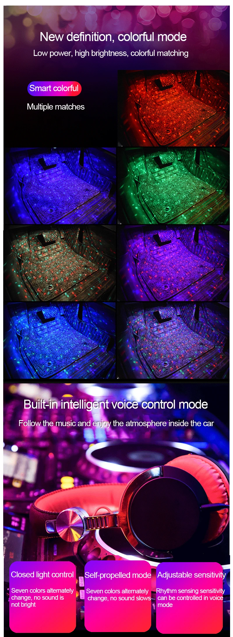 Автомобильный светодиодный светильник для ног, RGB полоска, цветная музыкальная звуковая лампа с голосовым управлением, водонепроницаемая, USB, атмосферные аксессуары для интерьера