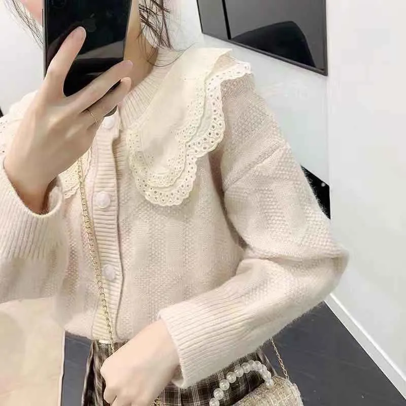 light pink Кружевные кардиганы, свитер с круглым воротником, японский стиль, вязаный свитер для девочек, осень, длинный кардиган с рукавами, топы - Цвет: light pink