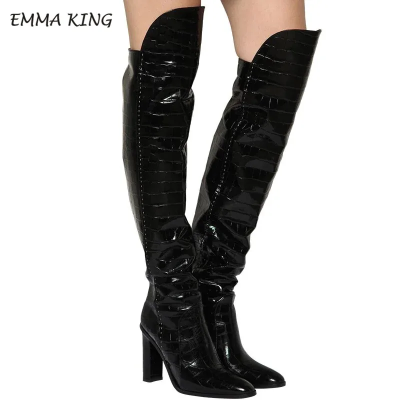 Microfiber 3 Emma king/женские зимние ботинки с узором «крокодиловая кожа» пикантные ботфорты с острым носком модная женская обувь на каблуке, большой размер 43 - Цвет: Microfiber 3