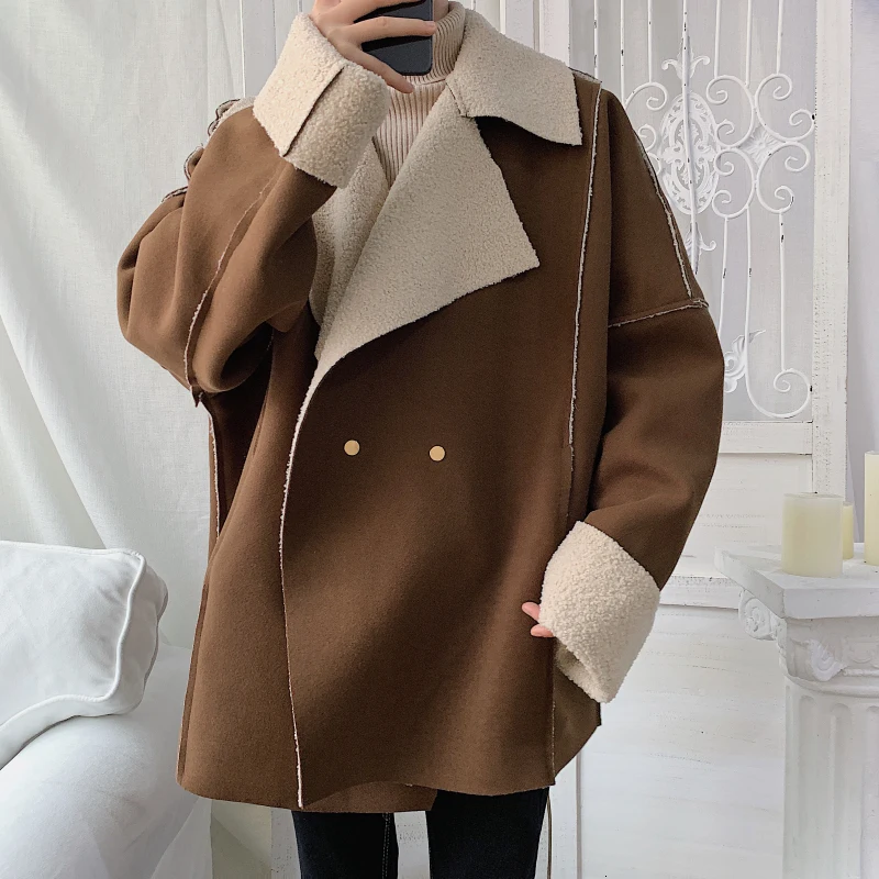 

UYUK2019 Winter New Fashion Loose Casual Hooded Long Coat Korean Version Of Handsome Lamb Wool Jacket Clothes Masculino