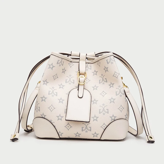 Classics Luxury Vintage Designer Babel Pinkors Printed Leather Retro Bucket Tote Bags For Women Two Size Shoulder Handbag Ivory