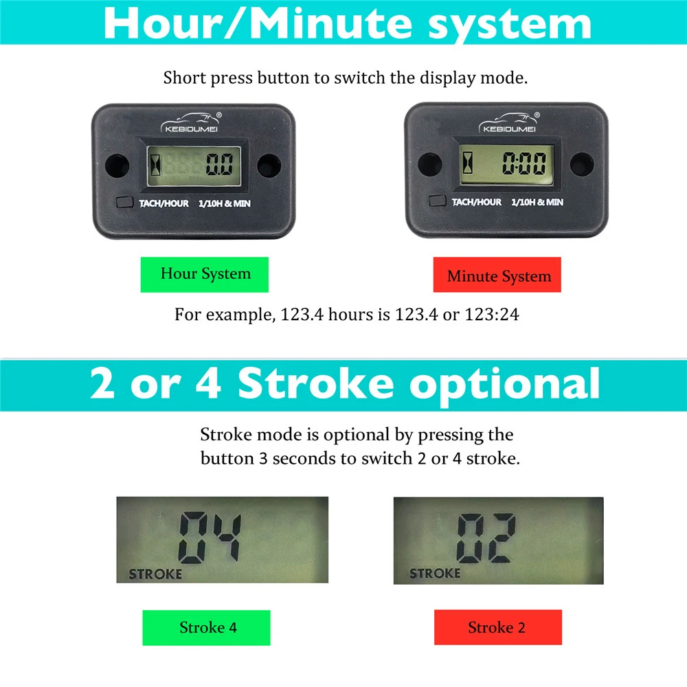 Kebidumei Hour Meter Digital Tachometer LED Resettable Engine Gauge Waterproof Replacable Battery for Car Motorcycle Accessori