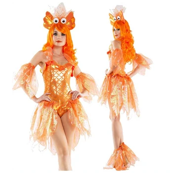 

Women Goldfish Mermaid Cosplay Costumes Beach Wear Bikini Set with Head Wear Bathing Swimsuit Halloween Carnival Party