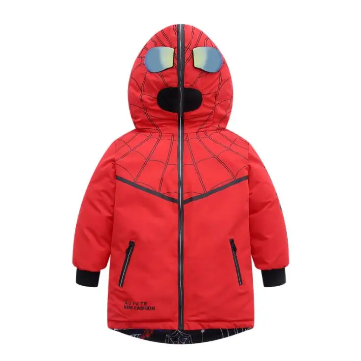 Детский пуховик с человеком-пауком для мальчиков и девочек Новинка года, детское пальто с человеком-пауком двустороннее длинное пальто детские зимние куртки - Цвет: Красный