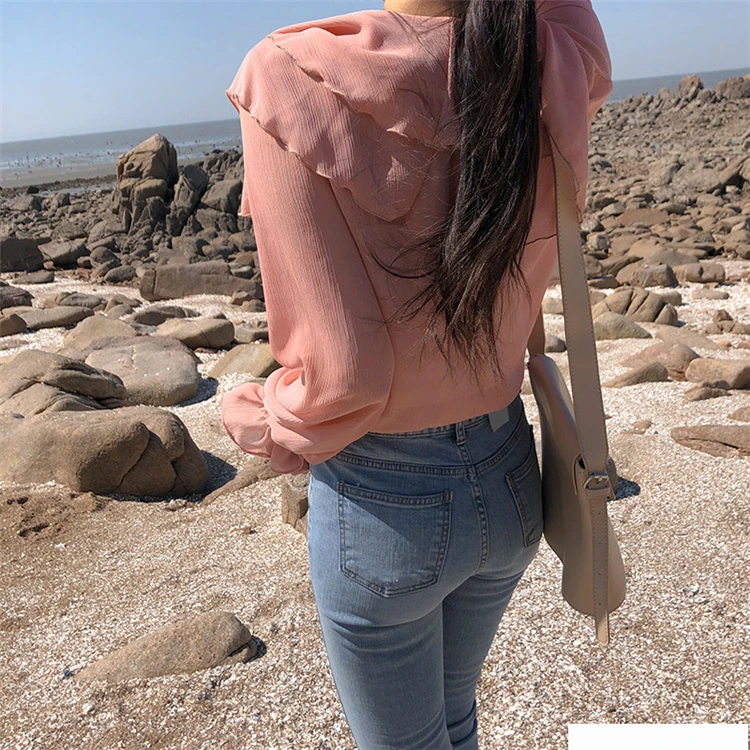 WHITNEY WANG Blouses Woman Fashion Streetwear Korea Style V-neck Ruffles Chiffon Blouse Women Blusas Office Lady Shirt Tops