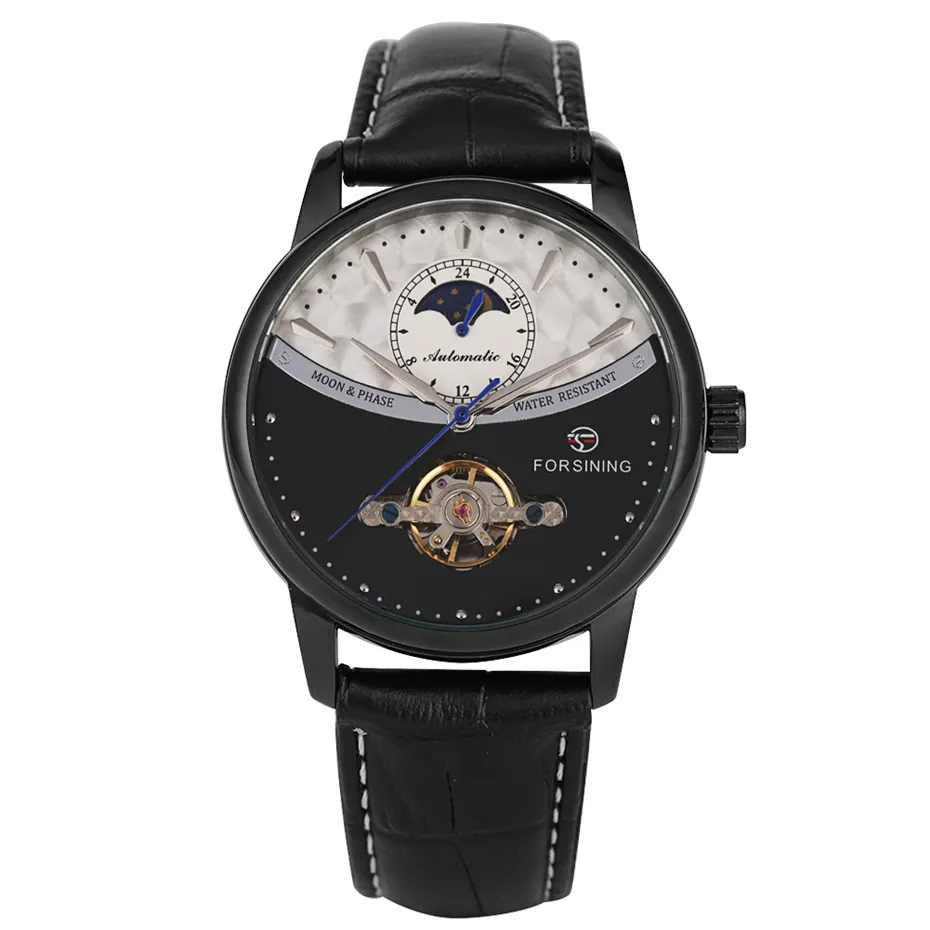 black black Tourbillon механические часы для мужчин с дисплеем Луны и фазы, с автоматическим заводом, деловые мужские автоматические часы из натуральной кожи, повседневные мужские часы - Цвет: black black