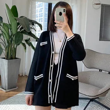 

Women Sweater 2019 Autumn /Winter New V-neck Contrast Color Striped Coats Women's Knit Cardigan Jacket