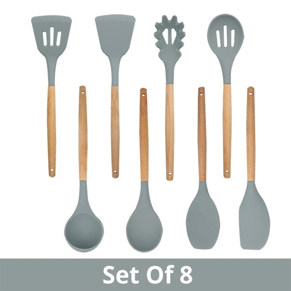 Силиконовая кухонная утварь набор-антипригарная лопатка Черпак натуральная Акация деревянная ручка кухонные инструменты - Цвет: Grey Set of 8