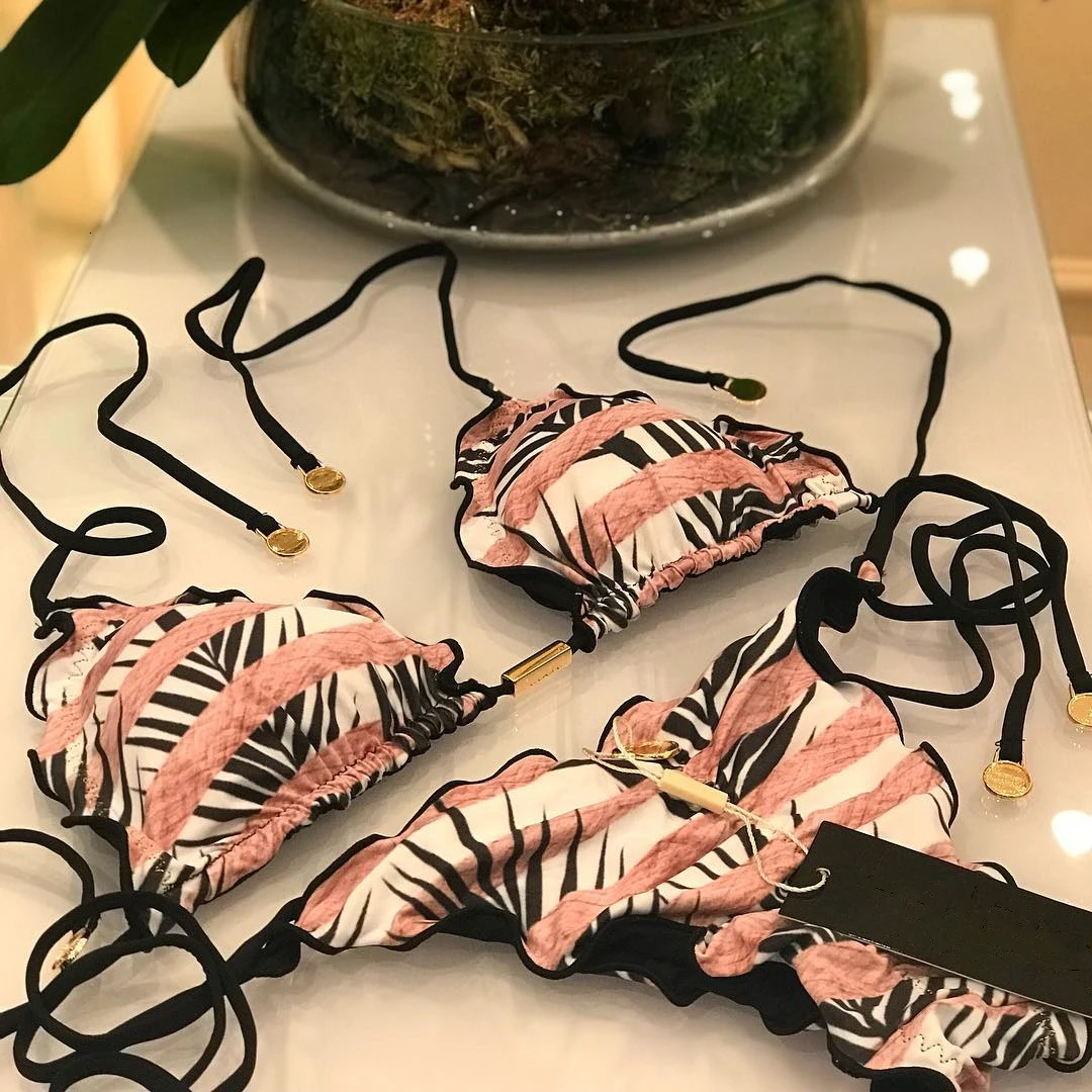 Thong Bandage Striped Halter Push Up Bikinis Women Drawnstring Swimwear Micro Bikini Sexy Ruffles Swimsuit Bathingsuit