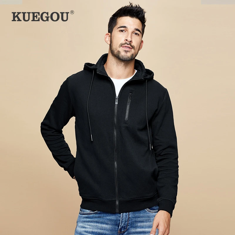 

KUEGOU 2019 Autumn Cotton Zipper Black Plain Hoodie Men Fashions Hoody Hip Hop Japanese Streetwear Male Hoodies Sweatshirts 4997