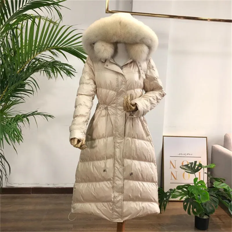 Женский пуховик с капюшоном, зимнее пальто для женщин, Воротник из натурального Лисьего меха, 90% белый утиный пух, толстые теплые куртки