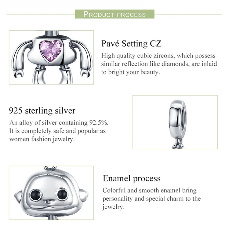 S925 серебро fit Pandora браслет маленький мальчик робот талисманы 925 Розовый циркон сердце дети игрушечный Бисер для цепочка ручная работа ювелирные изделия