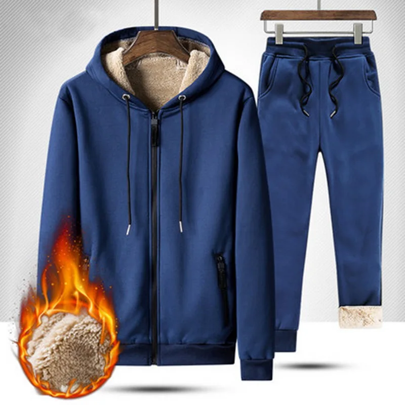Зимние флисовые толстовки с капюшоном для мужчин, повседневные теплые толстовки, утепленный спортивный костюм из 2 предметов, куртка+ штаны для мужчин, Moleton Masculino - Цвет: blue