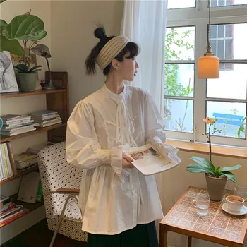 

COIGARSAM Loose Shirt Womens tops Spring Puff Sleeve Bow Belt Women shirts White 7112