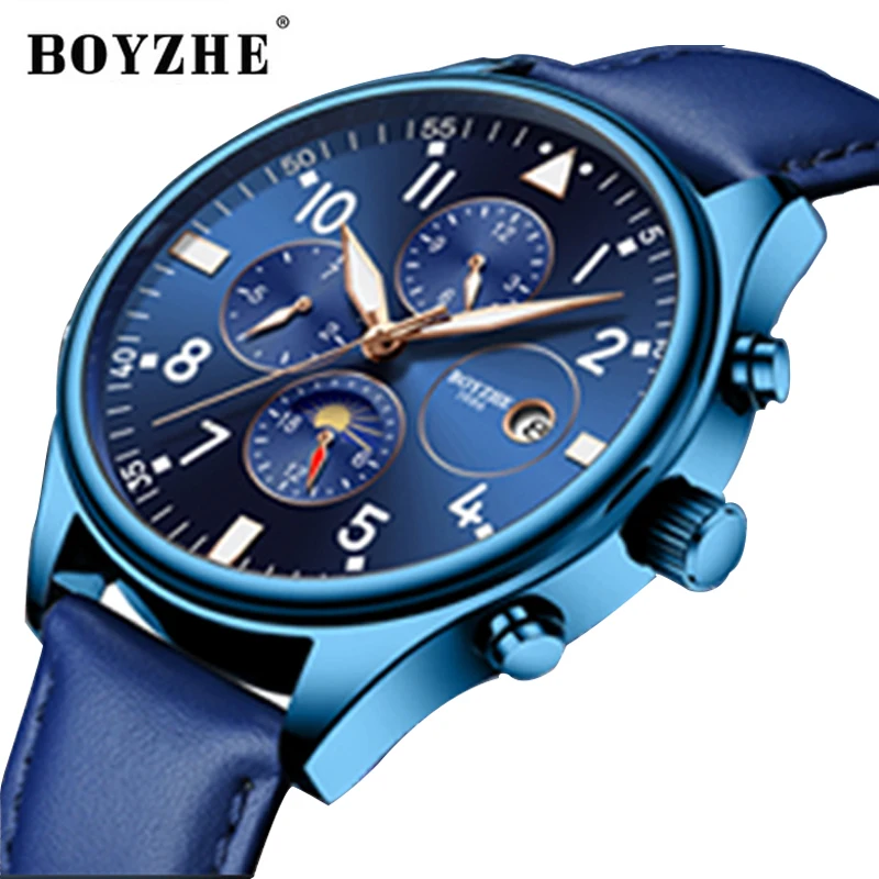 BOYZHE Новые Мужские автоматические механические часы из нержавеющей стали модные роскошные брендовые военные водонепроницаемые деловые спортивные часы - Цвет: blue-leather