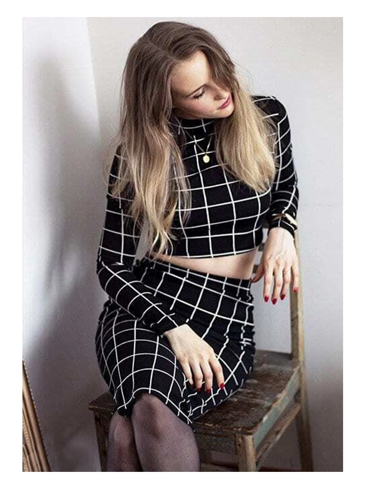  Sheinside Stand Collar Long Sleeve 2 Piece Set Women Crop Grid Top and Pencil Skirt Ladies Elegant 