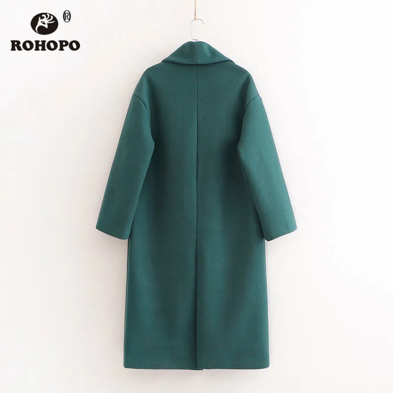 ROHOPO темно-зеленый воротник с лацканами Midi смесь пальто Талия закрывает карманы одна грудь прямые зимние теплые мягкие пальто#2749