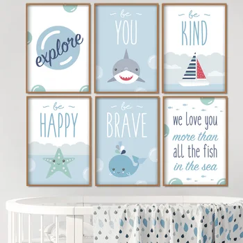 

Blue Sea Whale Shark Quote Nursery Wall Art Canvas Painting Nordic Posters And Prints Wall Pictures For Girl Boy Kids Room Decor