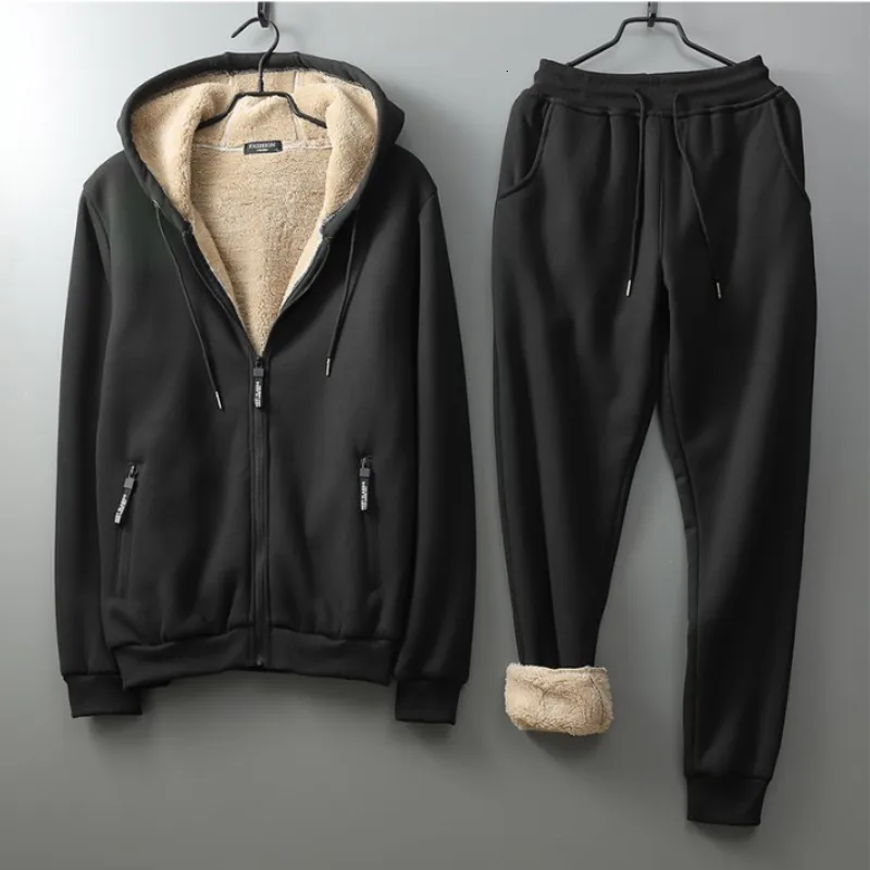 

Mens Winter Hoody Sweatshirt Casual Two Piece Sets Fleece Lining Tracksuit Elastic Waist Outside Jogging Suits Thick Warm Sets