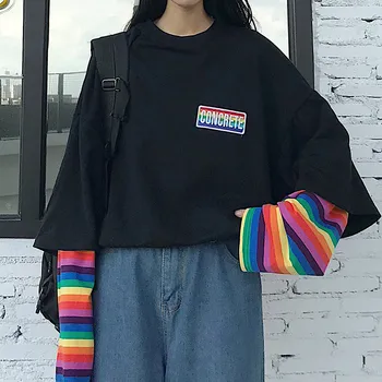 

Patchwork Letter Long Sleeve Lady Tops 2020 Spring Korean Female Sweatshirt Fake Two Pieces Rainbow Stripes Women's Sweatshirts