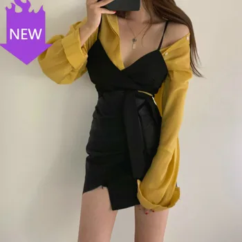 

Collar Single Breasted Solid Blouse + Bow Bandage Sling Vest Suits Korean Women Tops Sets Long Sleeve Turn Down