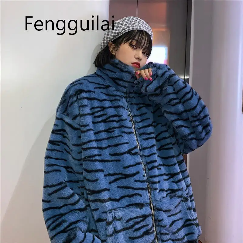 FENGGUILAI, уличная одежда, Зебра, тигр, узор, Женская куртка на молнии, Ретро стиль, зимние теплые женские пальто, модные плюшевые куртки на молнии с карманами
