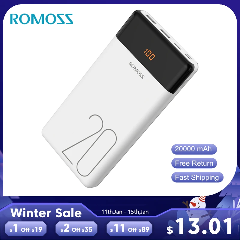 20000 мАч ROMOSS LT20 внешний аккумулятор Dual USB Внешний со светодиодным дисплеем быстрое