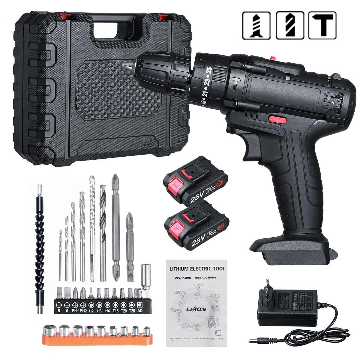 25V Electric Drill Cordless Impact Drill Electric Screwdriver Power Tool with Battery Drill Bit Kits for Drilling Tighten Screw