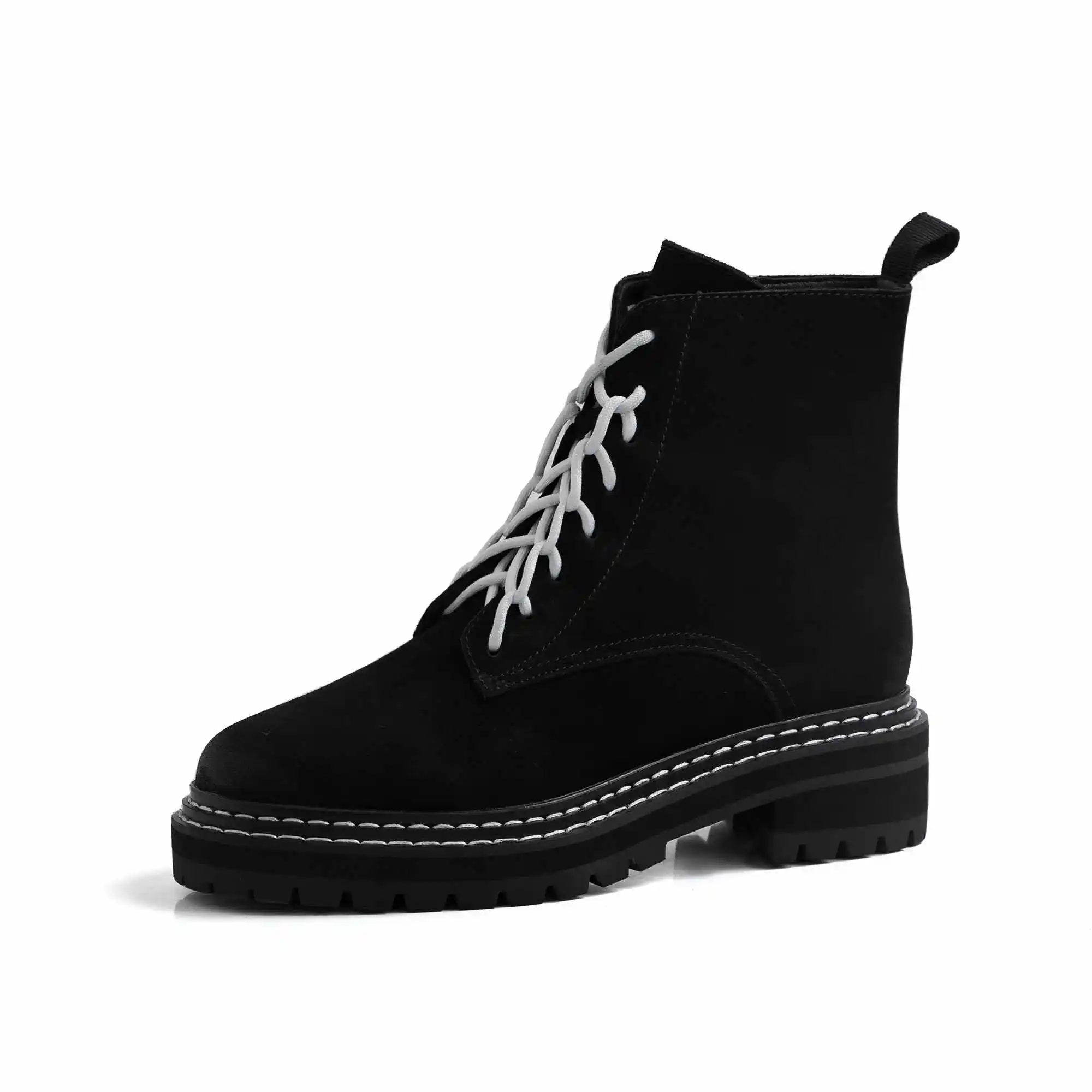 black cow suede Lenkisen/Новинка; ботинки из натуральной кожи; мягкие дышащие ботинки с круглым носком на среднем каблуке; Зимние Теплые ботильоны на шнуровке для отдыха; L18 - Цвет: black cow suede