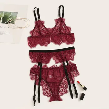 

Beautiful Women's Bra Set Lace Hollow Sheer Lingerie Wire Free Wine Push-Up Bra Seamless Ladies Thin Underwear Tops+Briefs Set