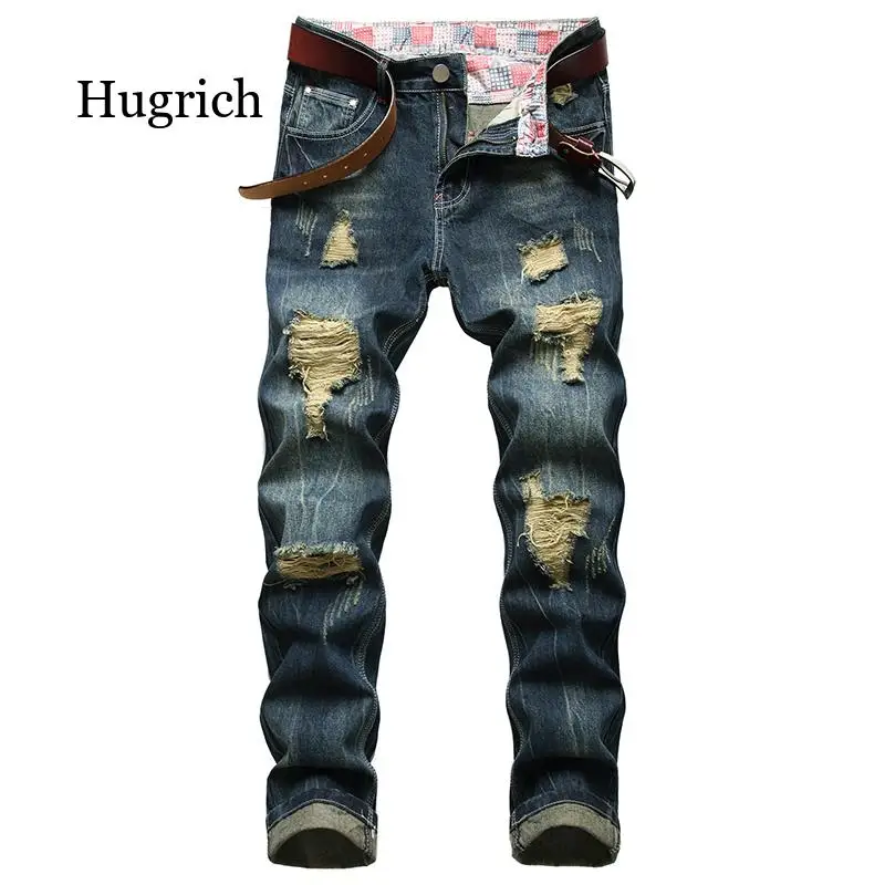 

Мужские Темно-Синие рваные джинсы, джинсовые потертые хлопковые мужские повседневные джинсовые брюки для мужчин, модные длинные джинсы 28-42