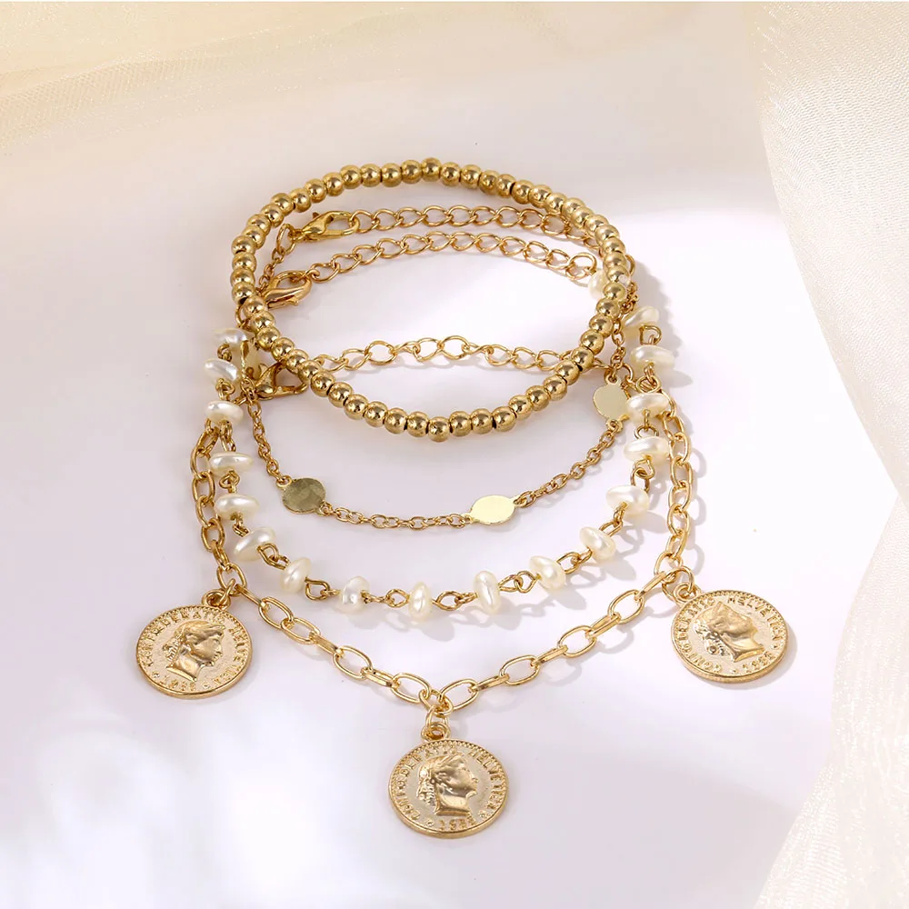 IPARAM, Винтажный Золотой геометрический браслет, набор для женщин, богемная монета, подвеска, бусы, цепочка, жемчужный браслет, ювелирные изделия