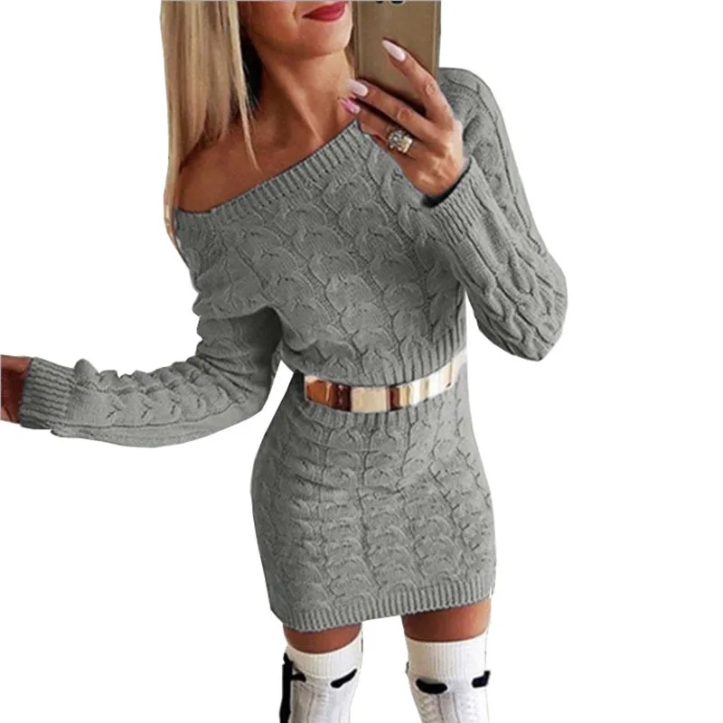 

Sexy Elegant Knitted Sweater Women Autumn Winter Slash Neck Thick Sexy Sweater Dress Solid Slim Womens Sweater Pull Femme Hiver