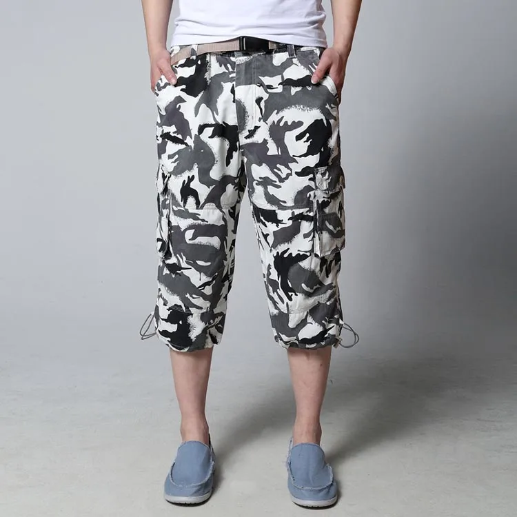 211 White Camouflage Летние шорты для мужчин размера плюс, повседневные хлопковые пляжные шорты с несколькими карманами, Свободные мешковатые шорты для бега - Цвет: 211 White Camouflage