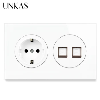 

UNKAS 16A EU Standard Wall Socket + Dual RJ45 Internet Data Computer Jack 146MM*86MM Glass And Black Aluminum Panel Outlet